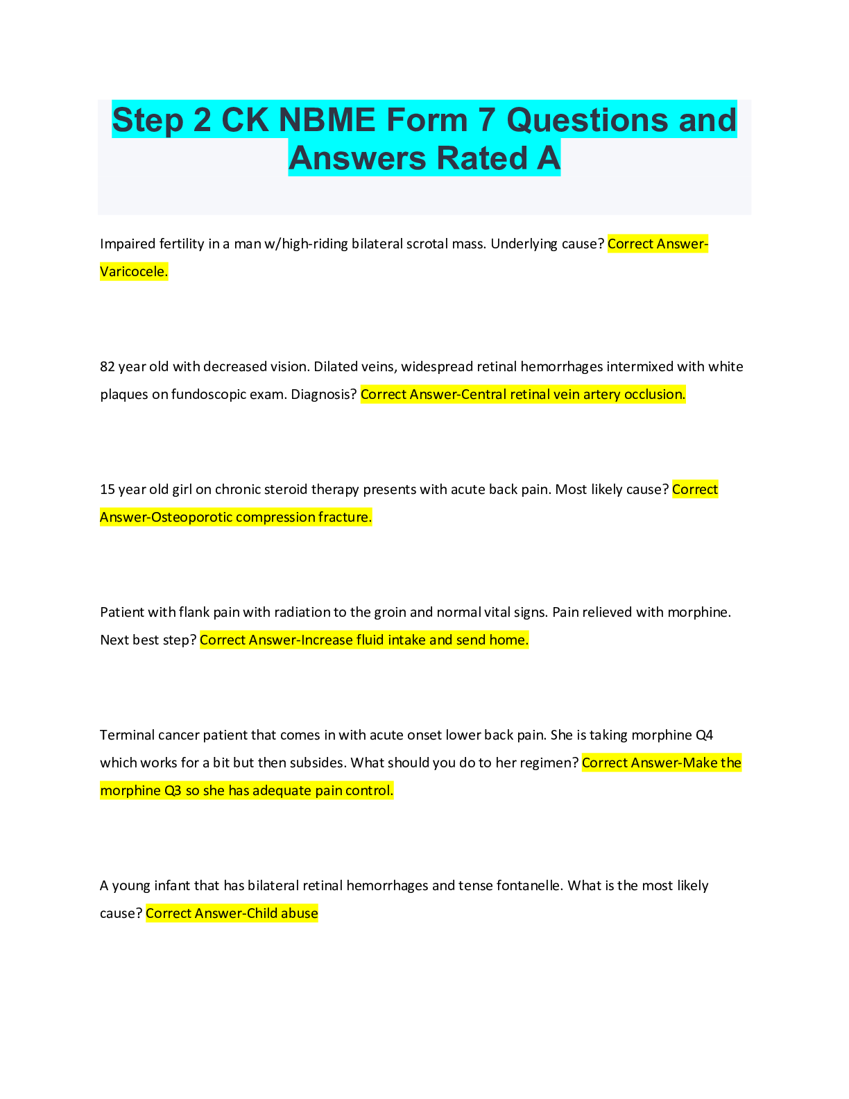 Preview image for Step 2 CK NBME Form 7 Questions and Answers Rated A
